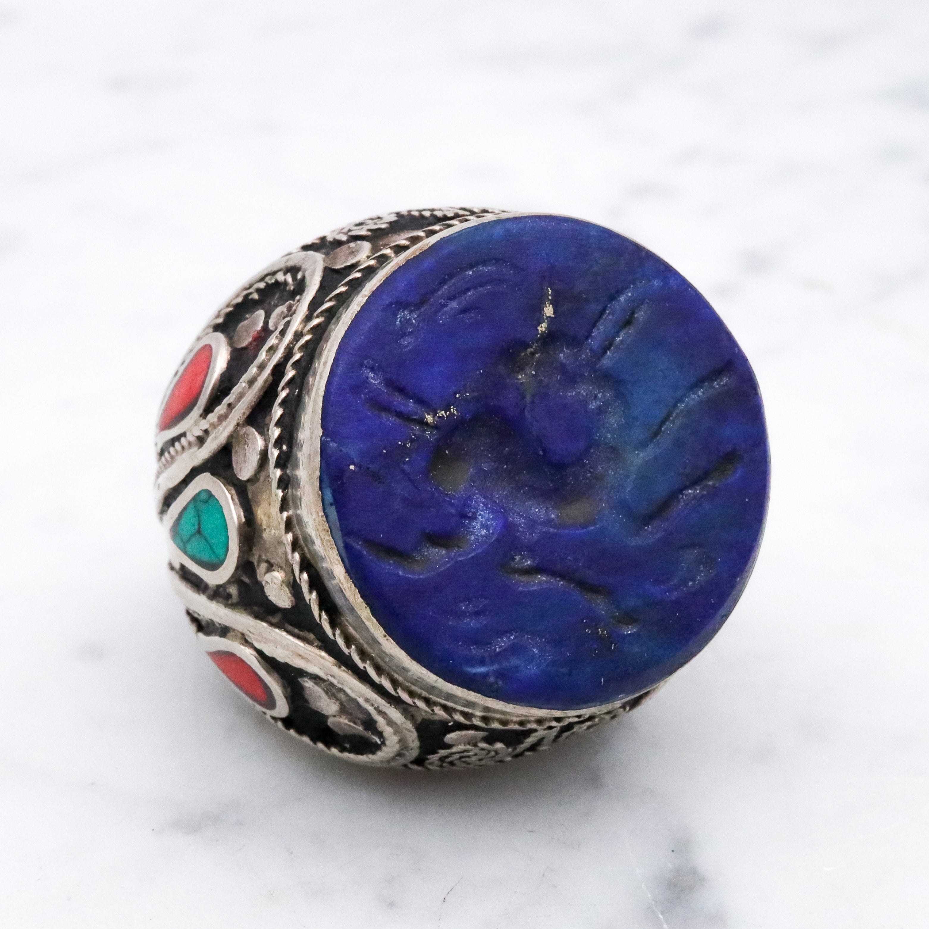 Vintage Afghan tribal silver lapis intaglio ring, size 5.5